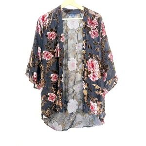 American Eagle Burnout Velvet Floral Kimono Sheer Black Pink‎ Whimsigoth  Medium